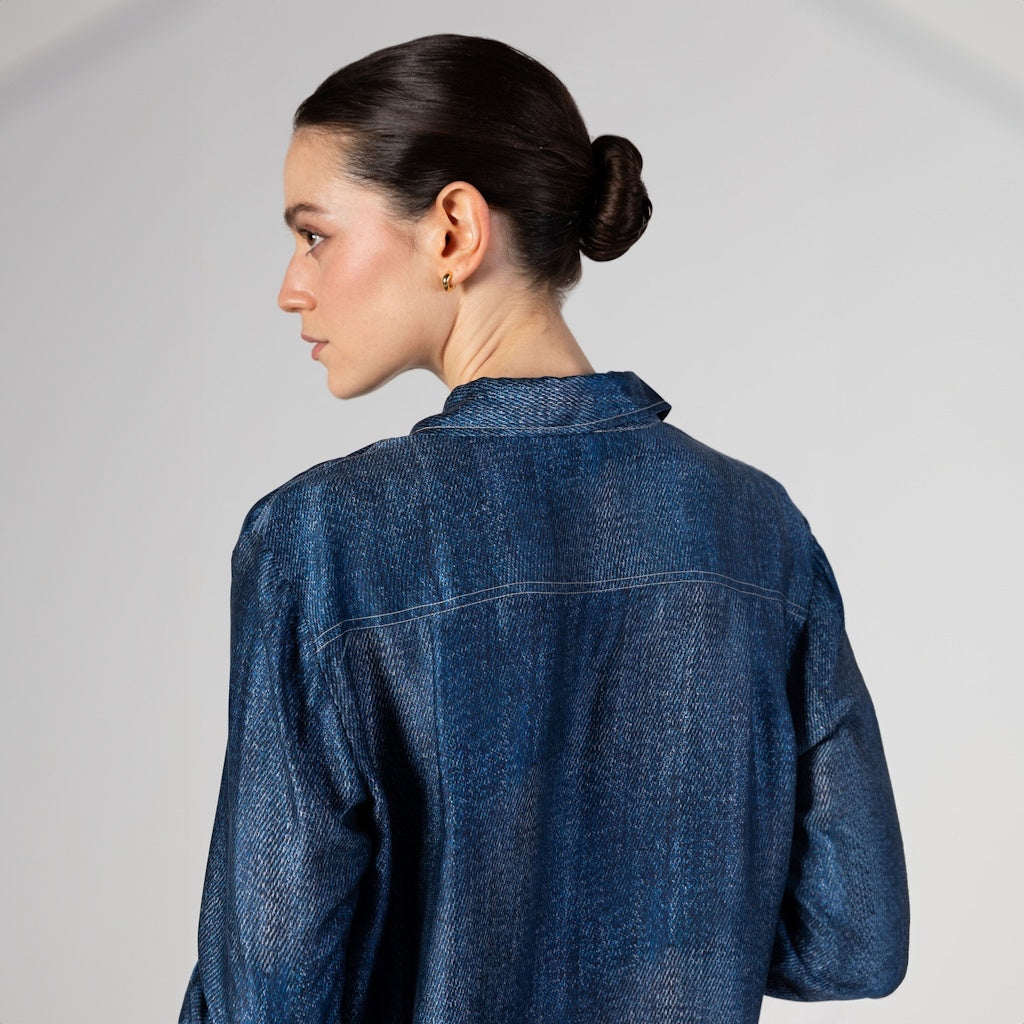 Denim Print Silk Shirt with Contrast Stitching
