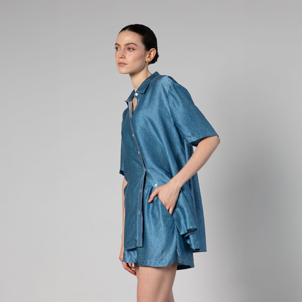 Light Denim Print Silk Shirt