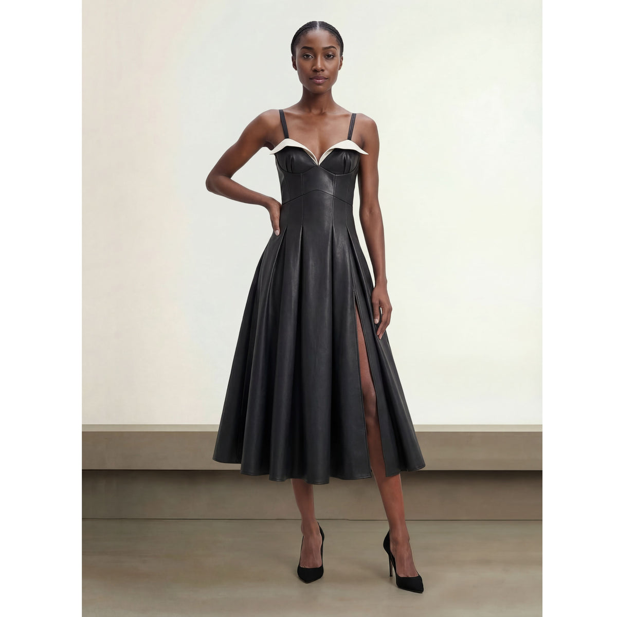 structured vegan leather runway dress