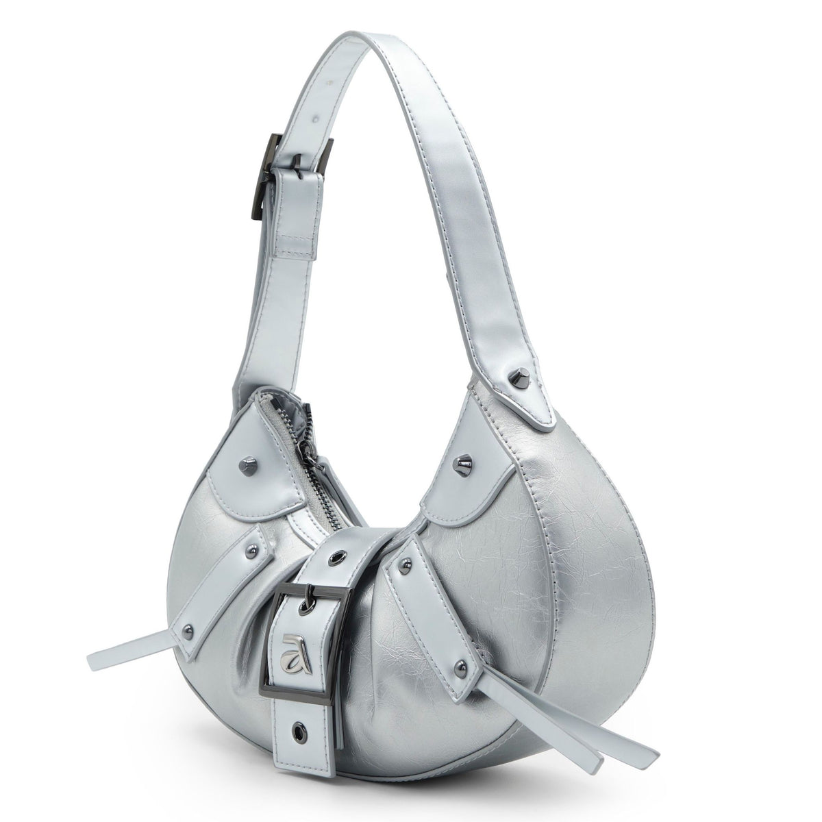 Silver handbag with a strap on a white background