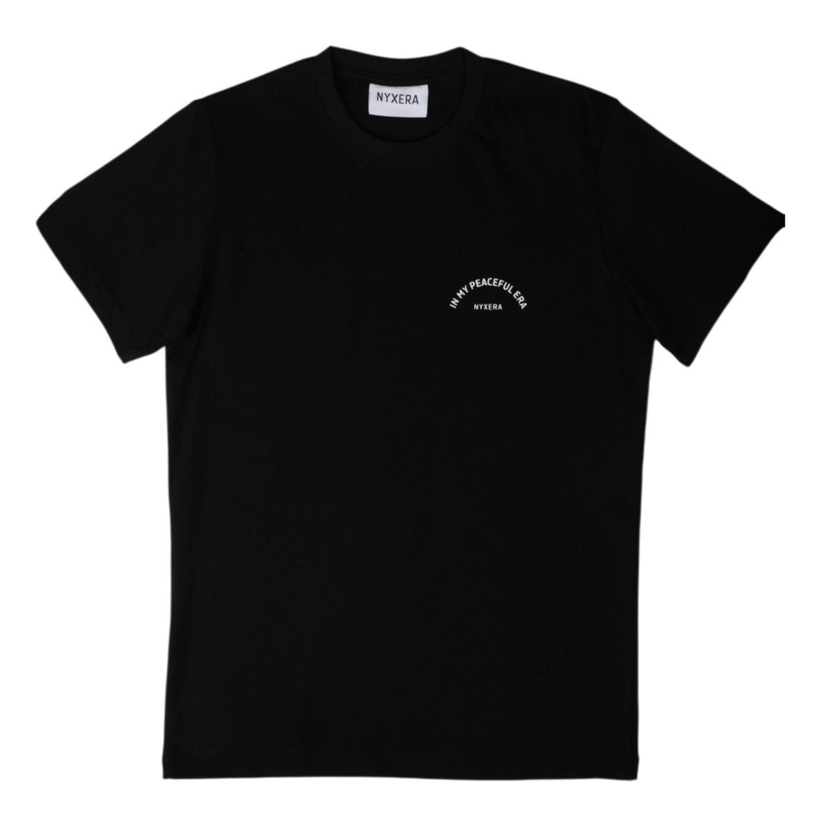 Black t-shirt with white text on a white background