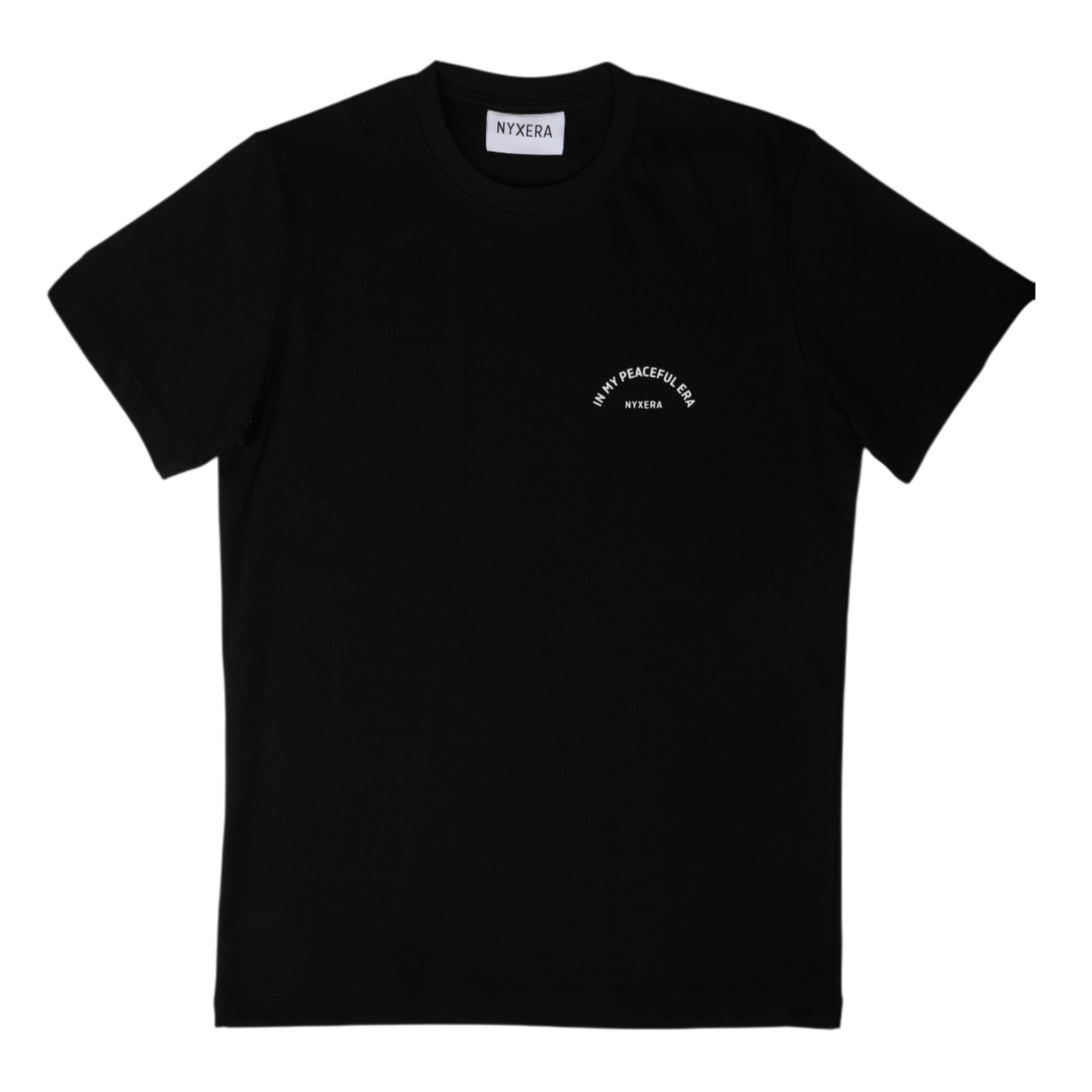 Black t-shirt with white text on a white background