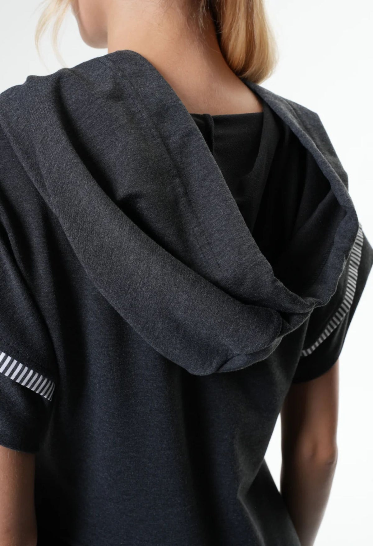 METAMORPHOZA - Asymmetric Hooded Dress With Short Sleeves In Gray | PR Sample at DOORS NYC