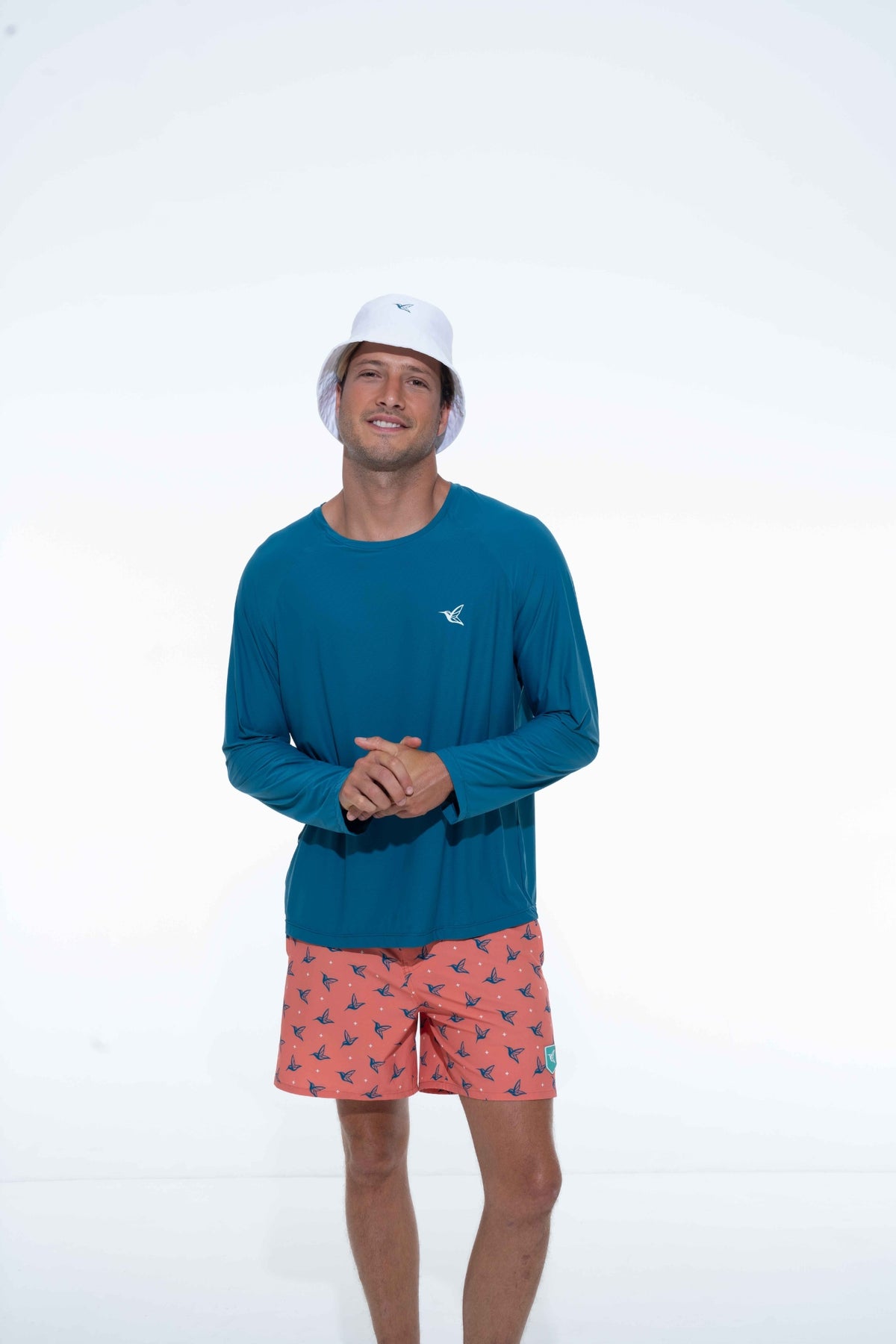 Model wearing deep ocean UPF long sleeve activity shirt