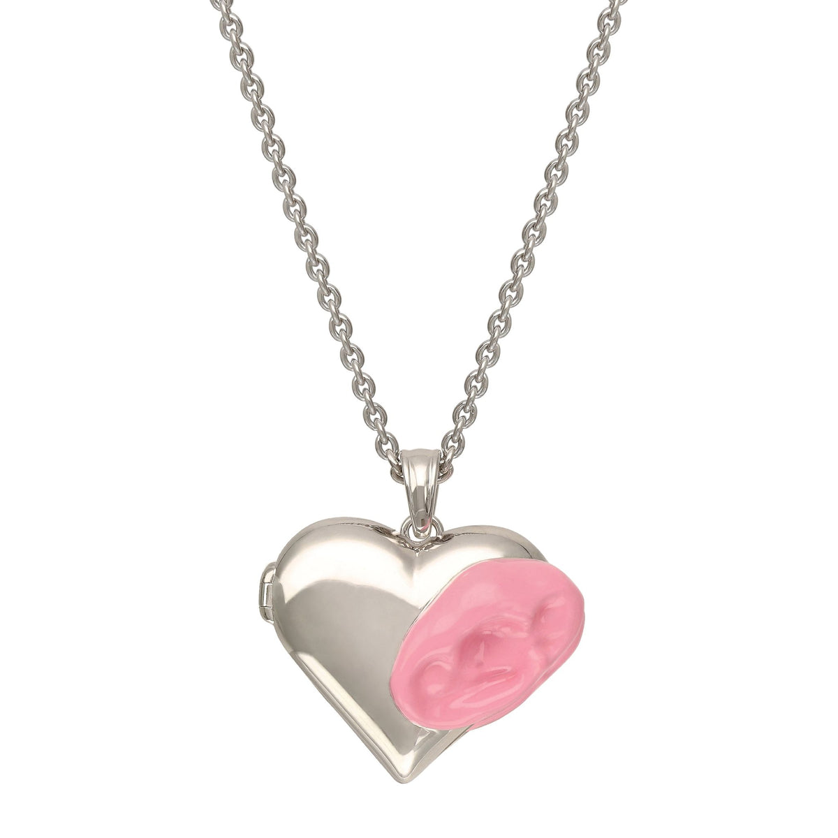Heart-shaped necklace with a pink center on a white background