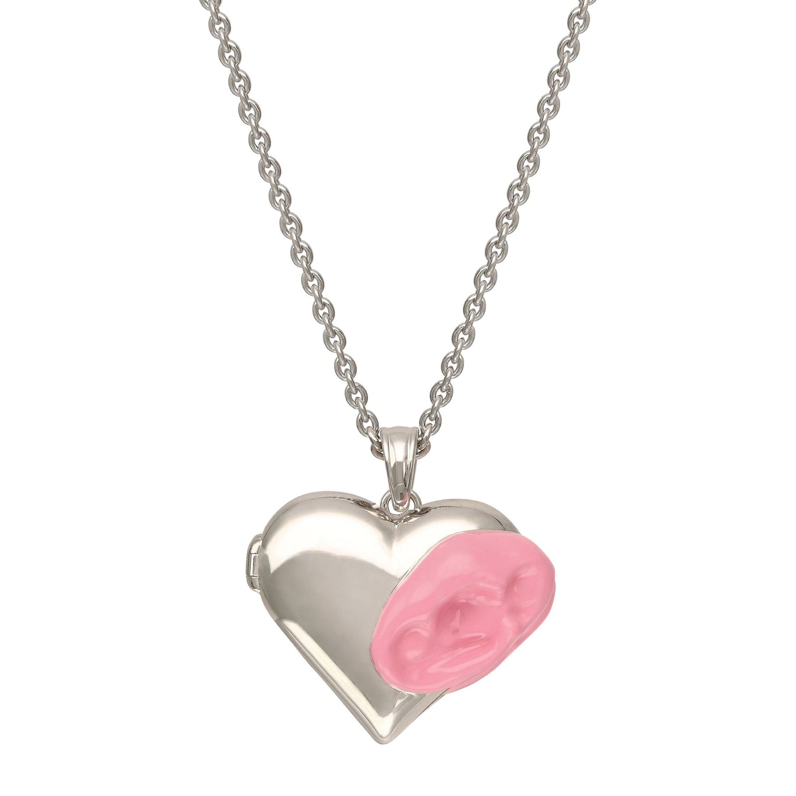 Heart-shaped necklace with a pink center on a white background
