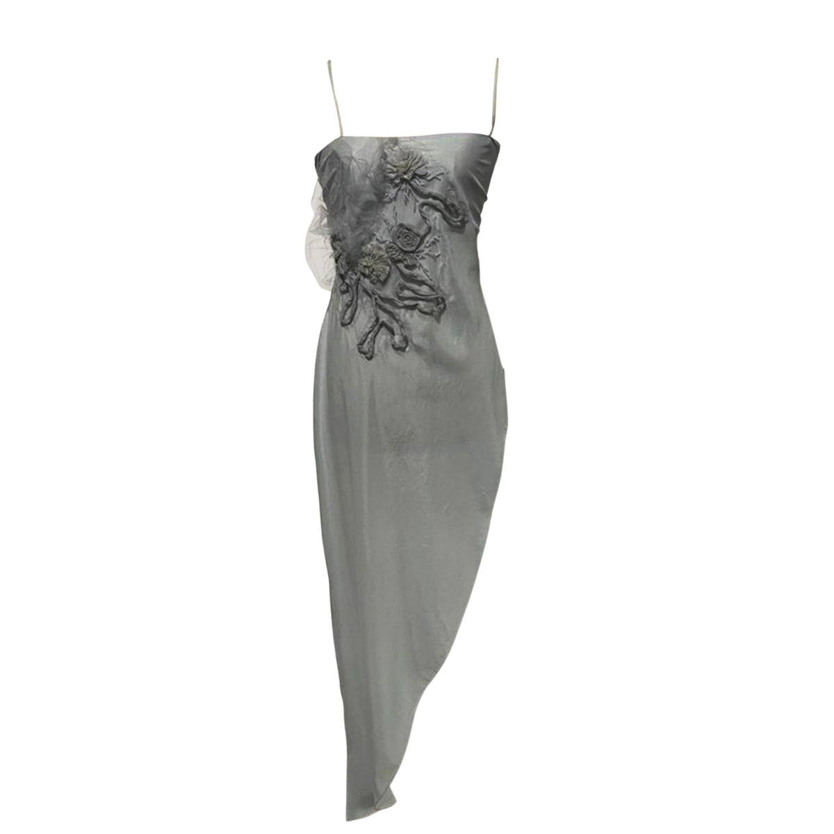 OTKUTYR - Light Blue Asymmetrical Satin Top with Floral Appliqué &amp; Back Bow, buy at DOORS NYC