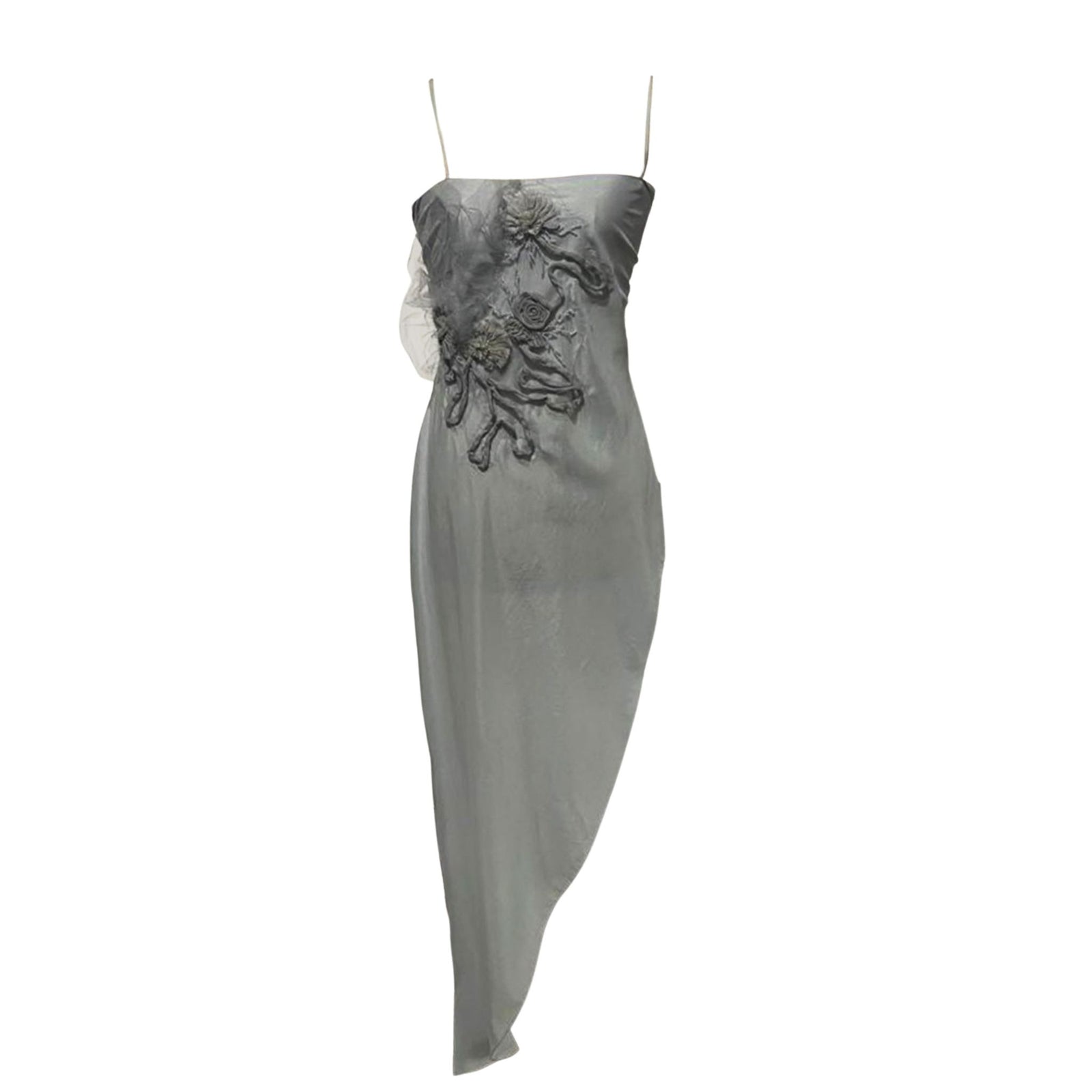 Light Blue Asymmetrical Satin Top with Floral Appliqué & Back Bow | PR Sample