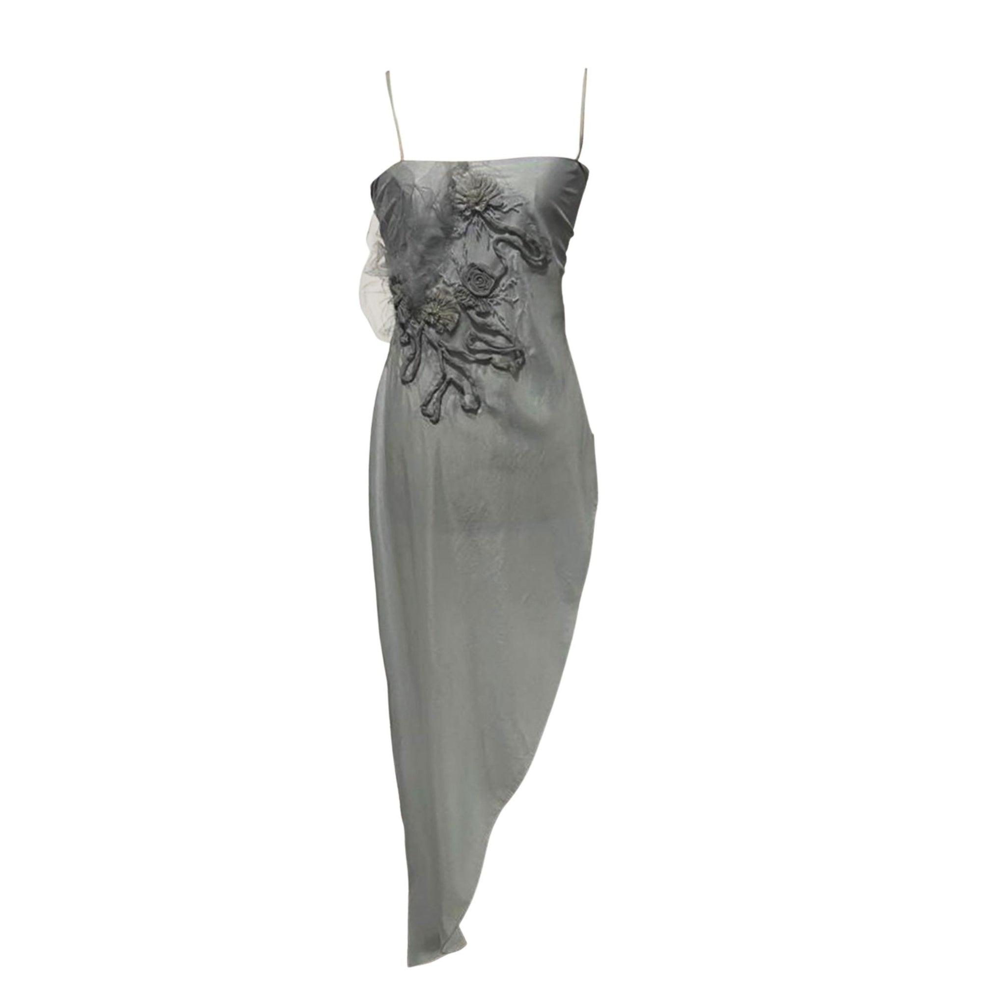 Light Blue Asymmetrical Satin Top with Floral Appliqué & Back Bow | PR Sample