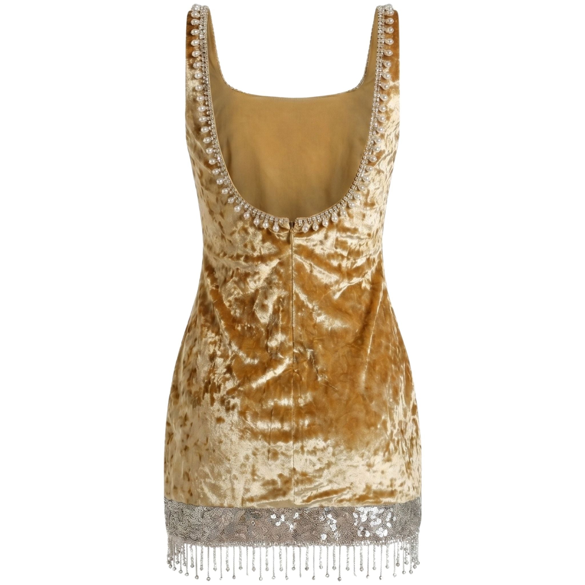 The Mustard Velvet Pearl Mini Dress by INTERNATIONAL APPEAL features a sleeveless design, deep scoop neckline with hand-stitched pearl trim, and silver beaded fringe at the hem. Made in India. PR Sample.