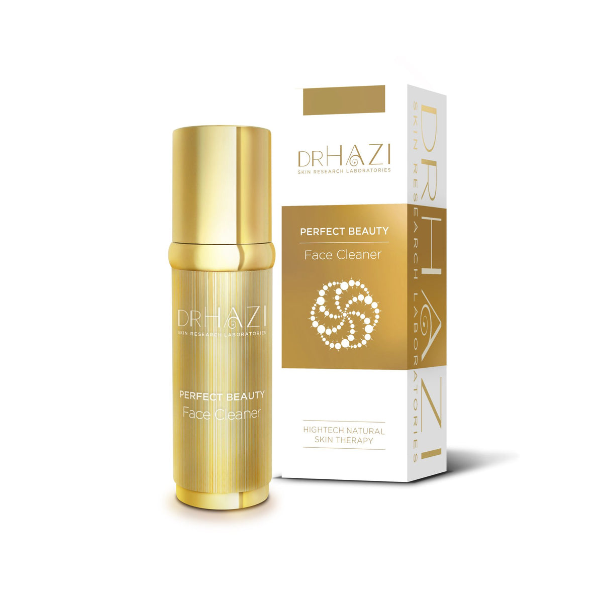 Gold face cleanser bottle and packaging with &#39;DR HAZI&#39; branding on a white background