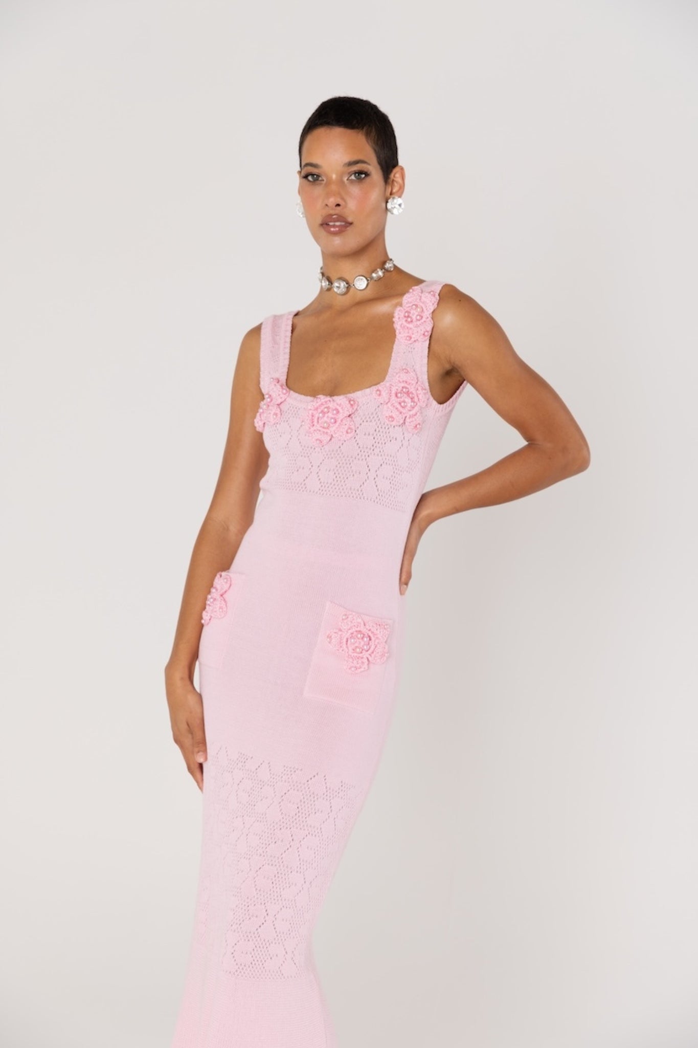 ANDREEVA - Rose Vanilla Knit Dress With Handmade Knit Details