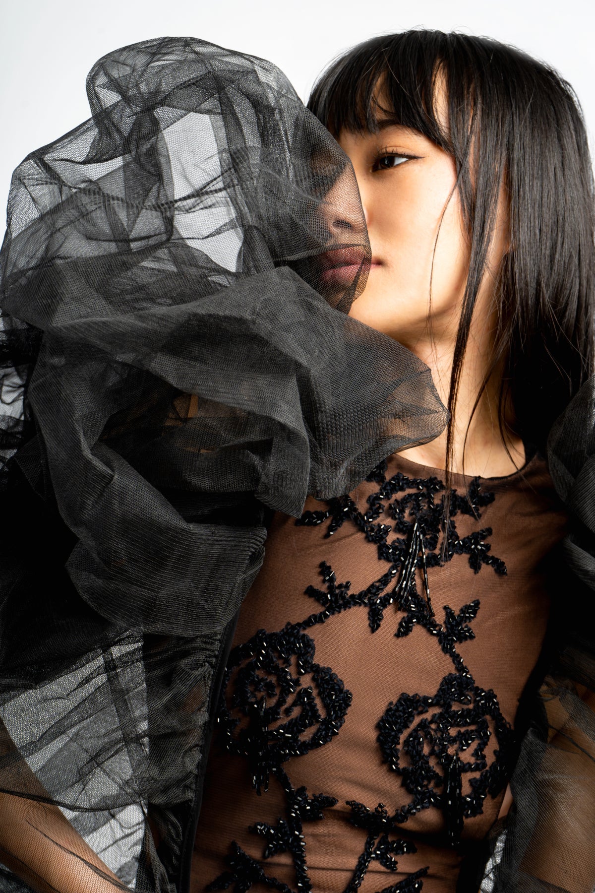 ELSA NILAJ - Black Rose Embroidered Tulle Statement Gown, buy at DOORS NYC
