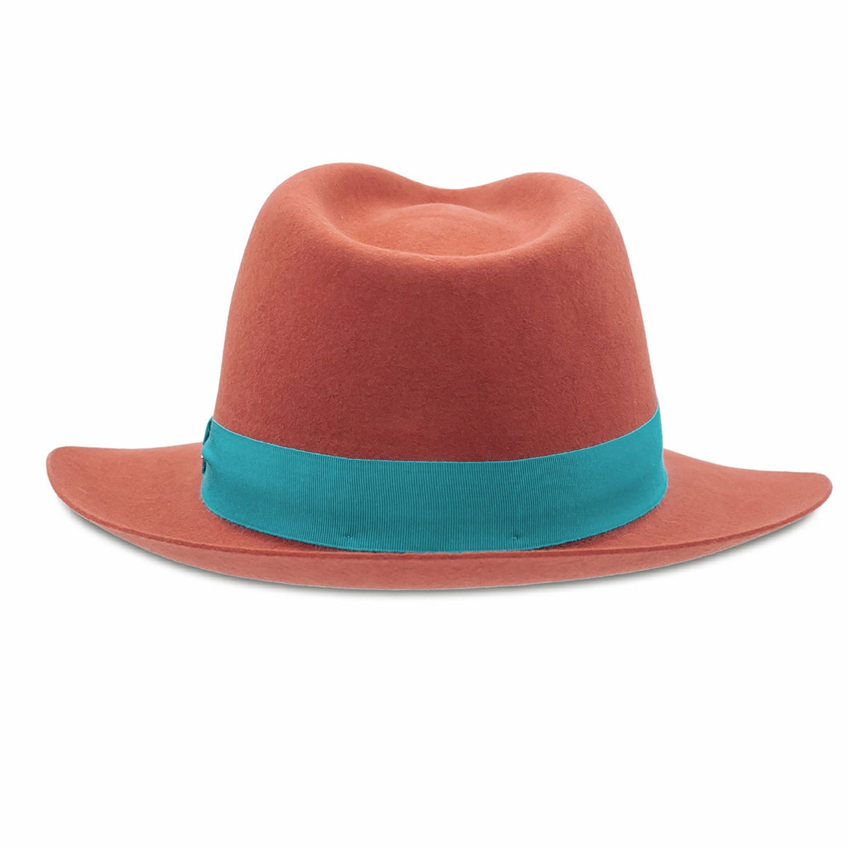 Red hat with a teal band on a white background