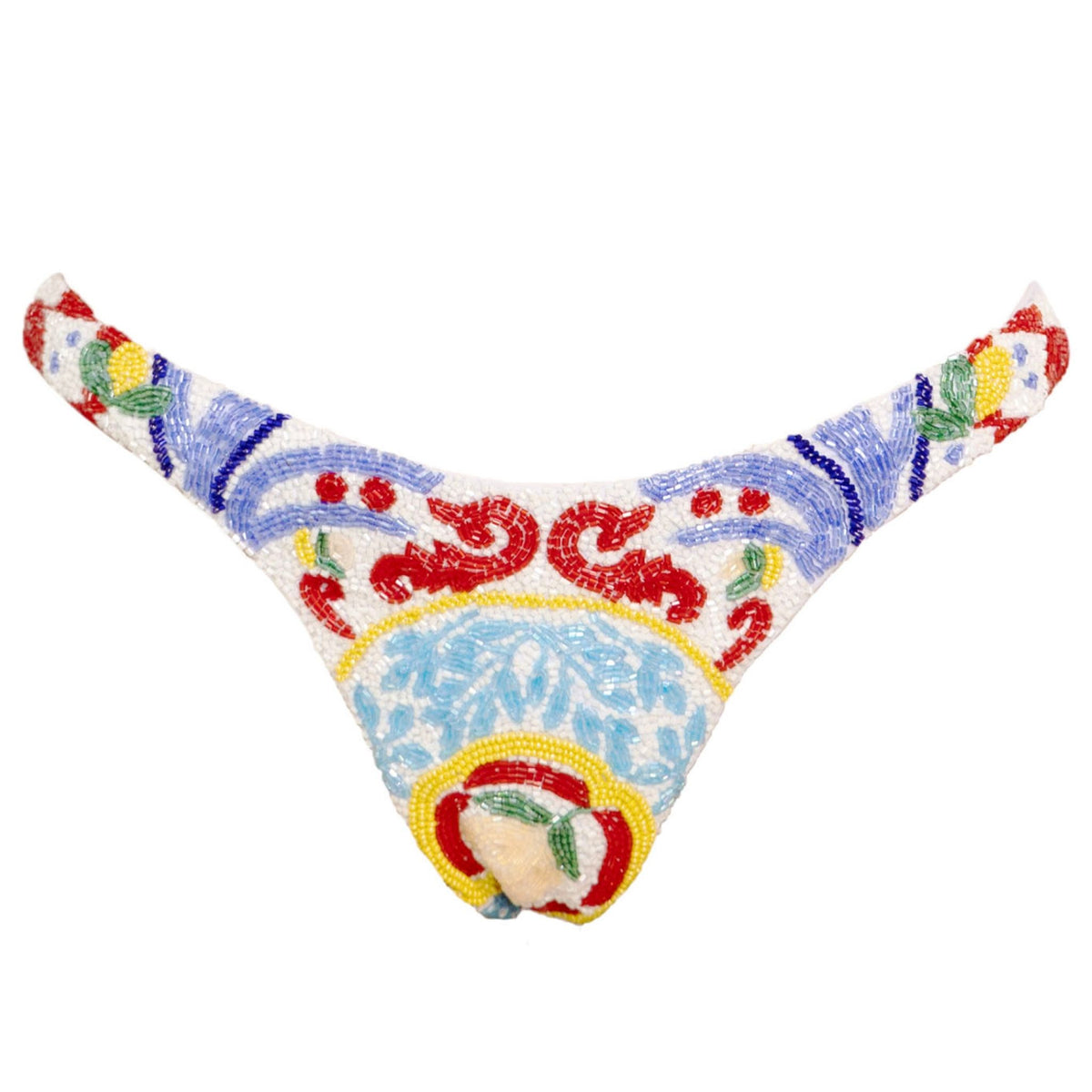 The SELF-ADORE Limoncello Hand-Beaded Embellished Bikini Bottom in white features colorful beading and floral, ornate designs—perfect resort swimwear for standout style.