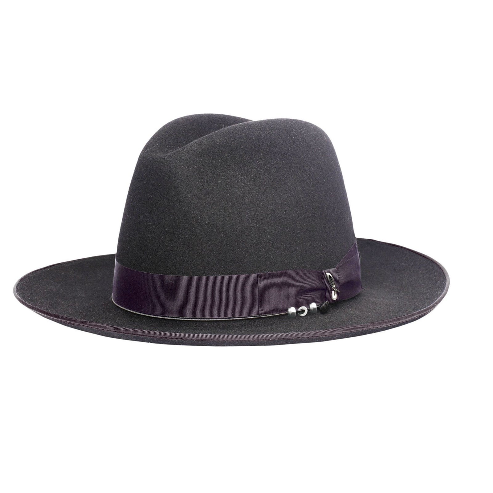 Dark gray fedora hat with a purple band on a white background