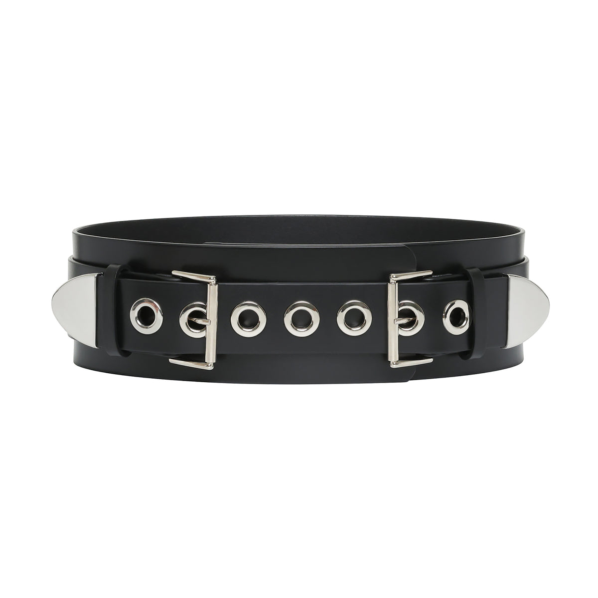 Black leather belt with silver hardware on a white background