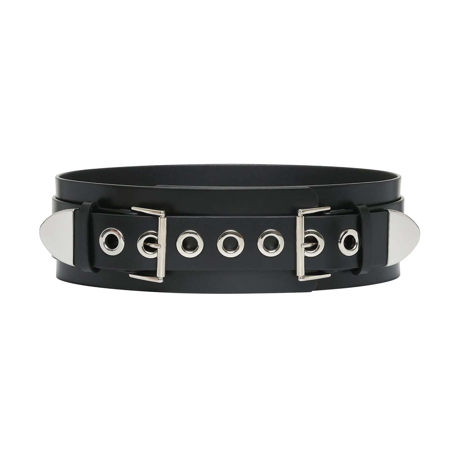 Black leather belt with silver hardware on a white background
