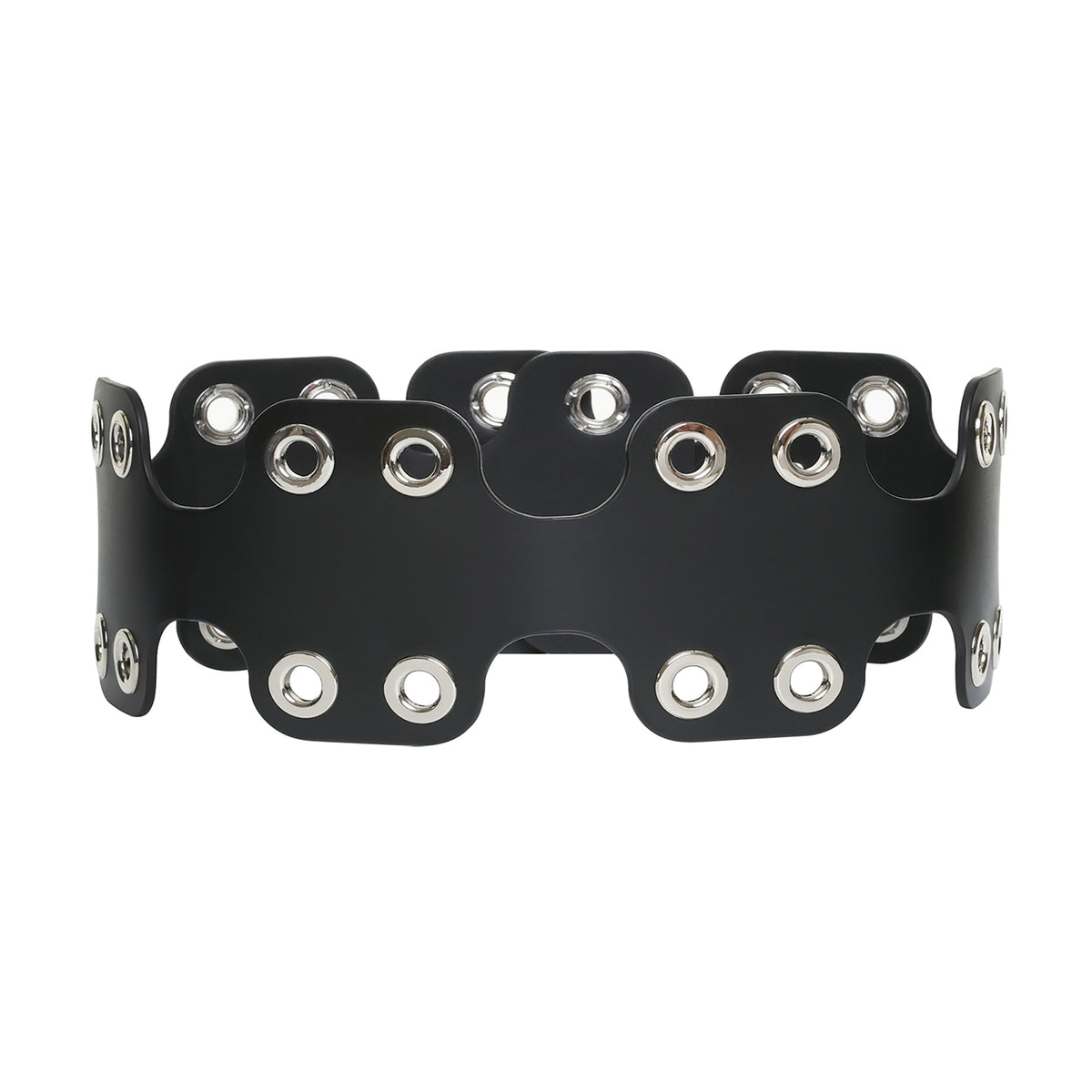 Black leather collar with silver eyelets on a white background