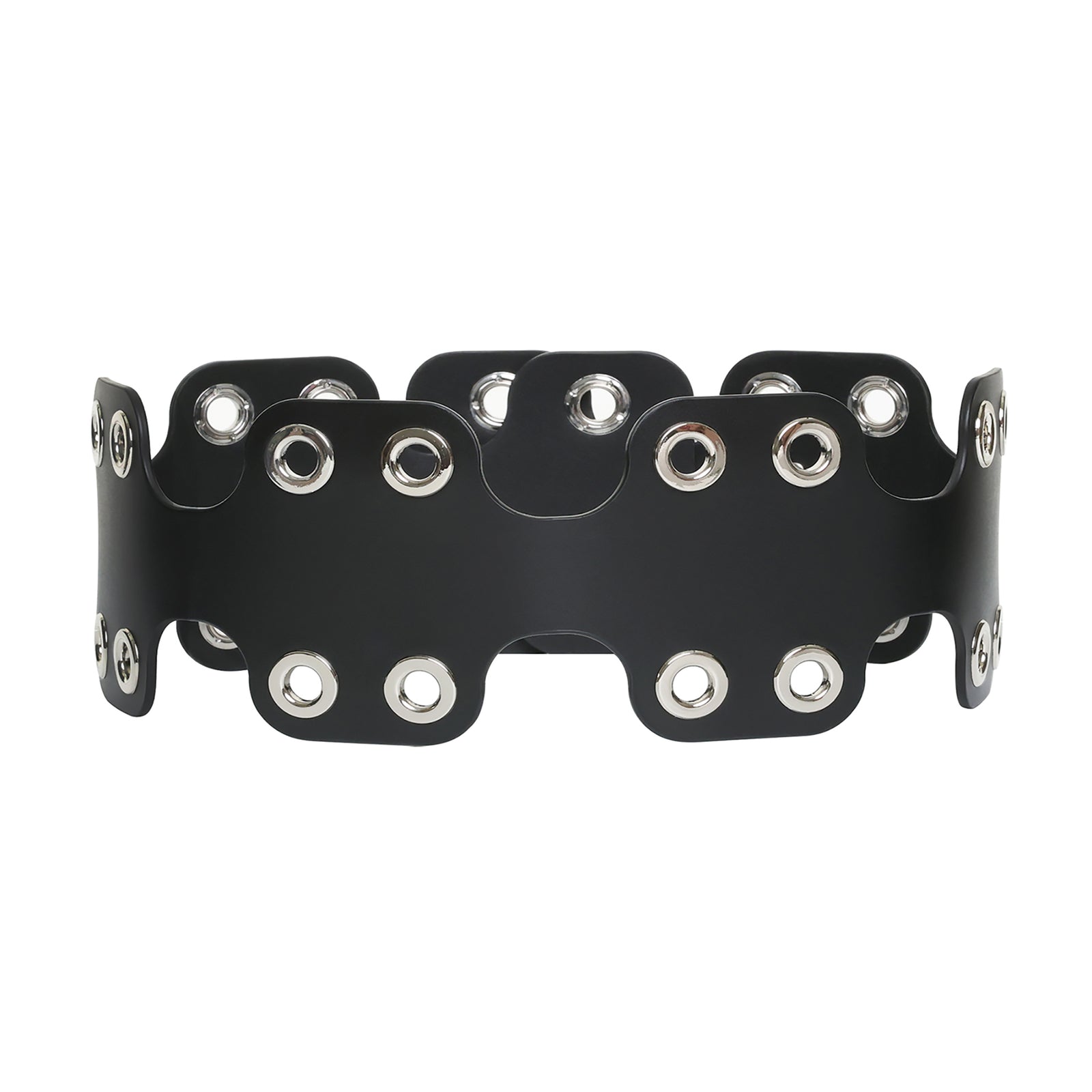 Black leather collar with silver eyelets on a white background