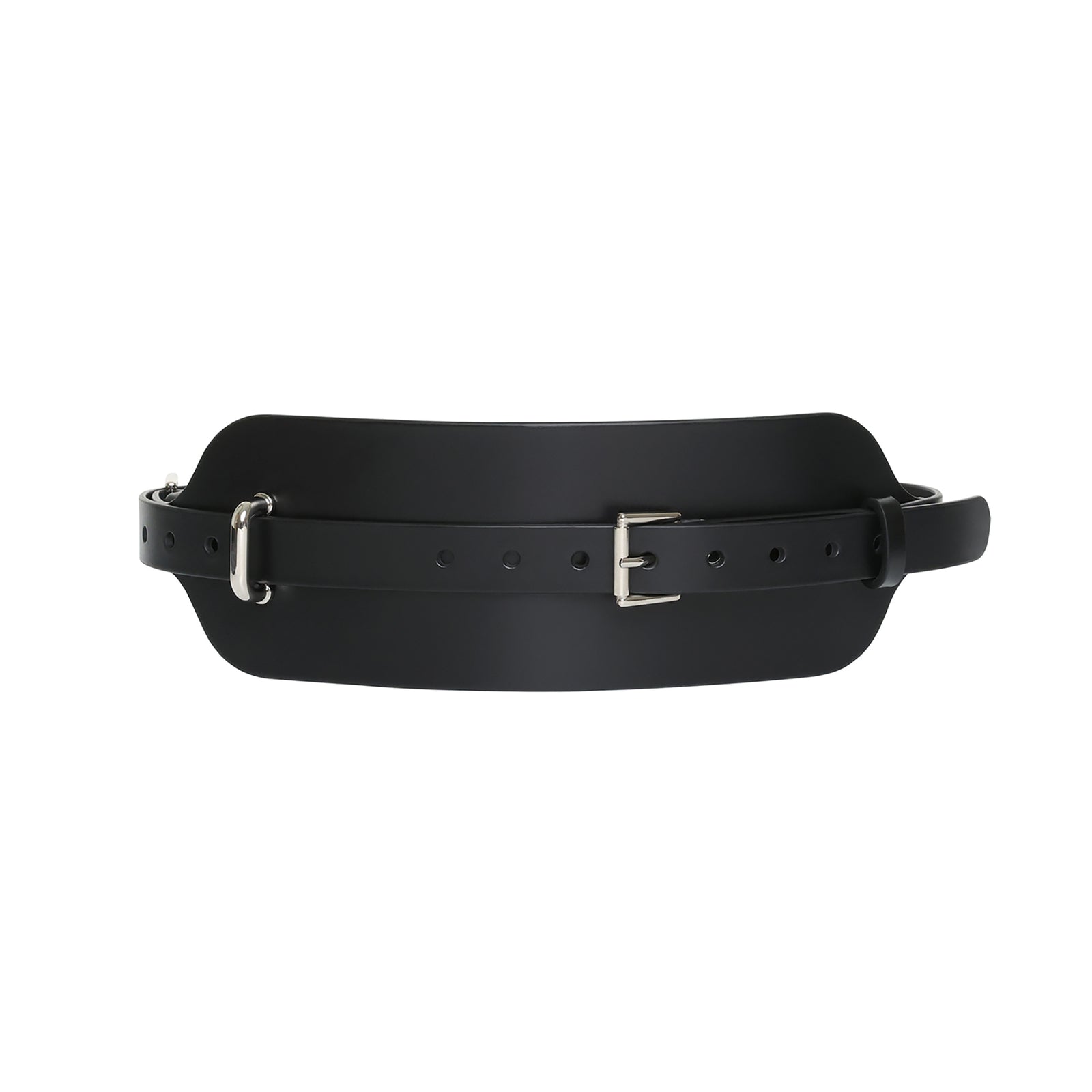 Black belt with silver buckle on a white background