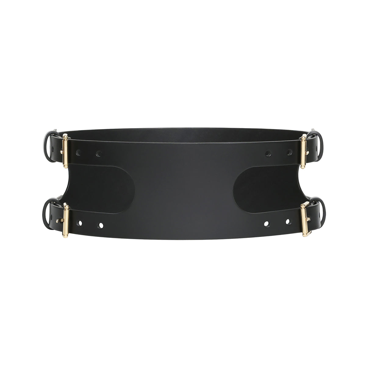 Black leather belt with gold hardware on a white background