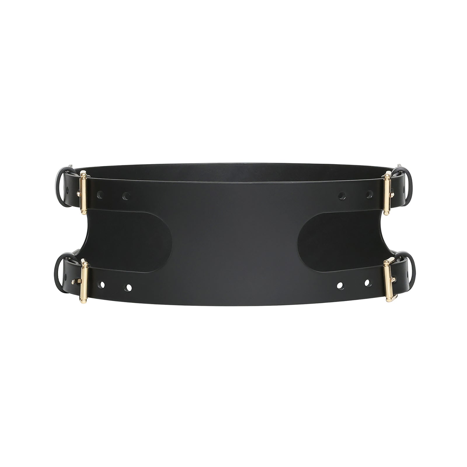 Black leather belt with gold hardware on a white background