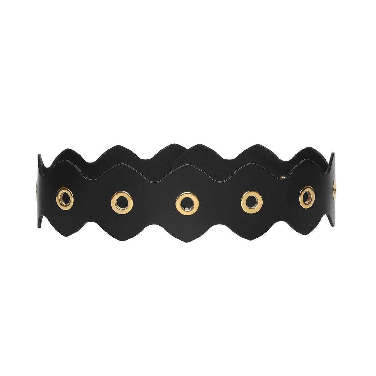 Black wavy belt with gold eyelets on a white background
