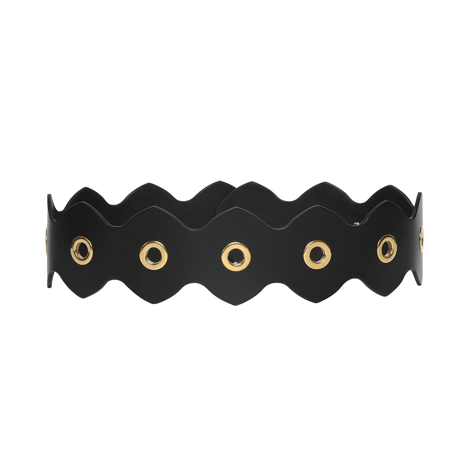 Black wavy belt with gold eyelets on a white background