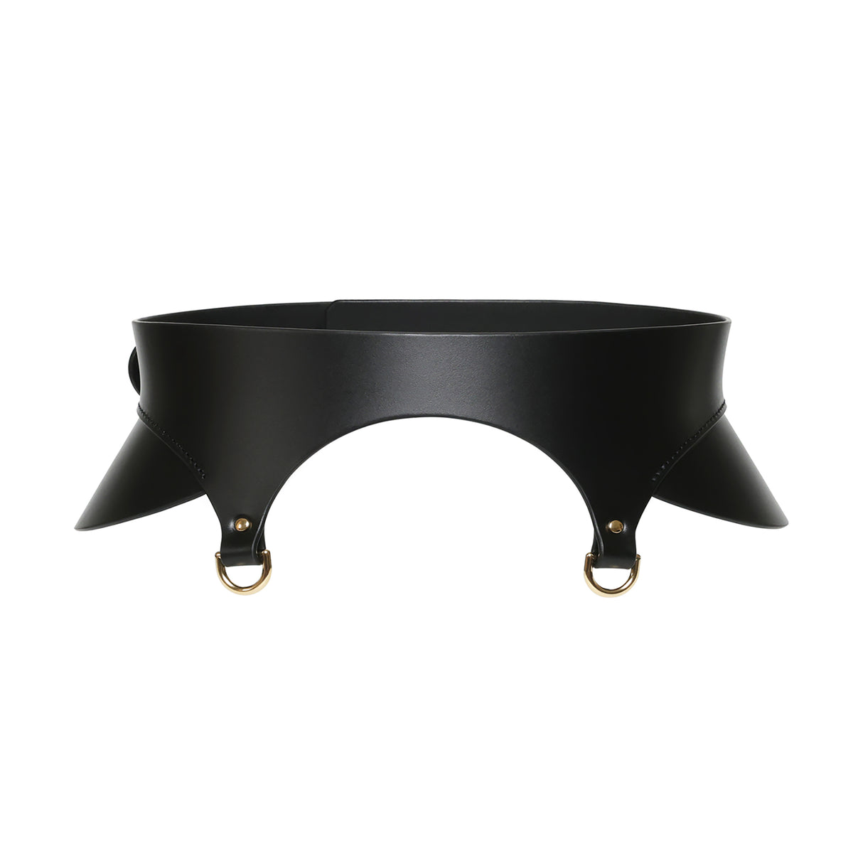 Black leather choker with gold rings on a white background