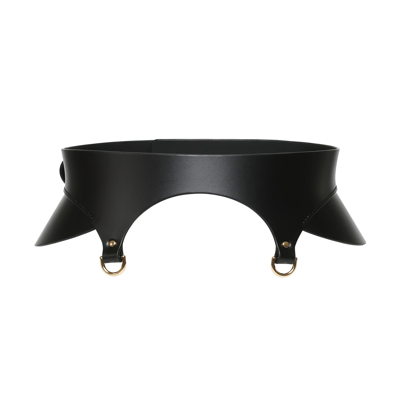 Black leather choker with gold rings on a white background