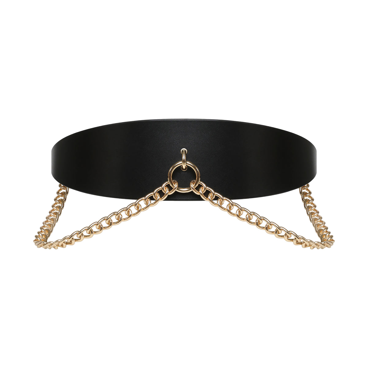 Black leather belt with gold chain on a white background