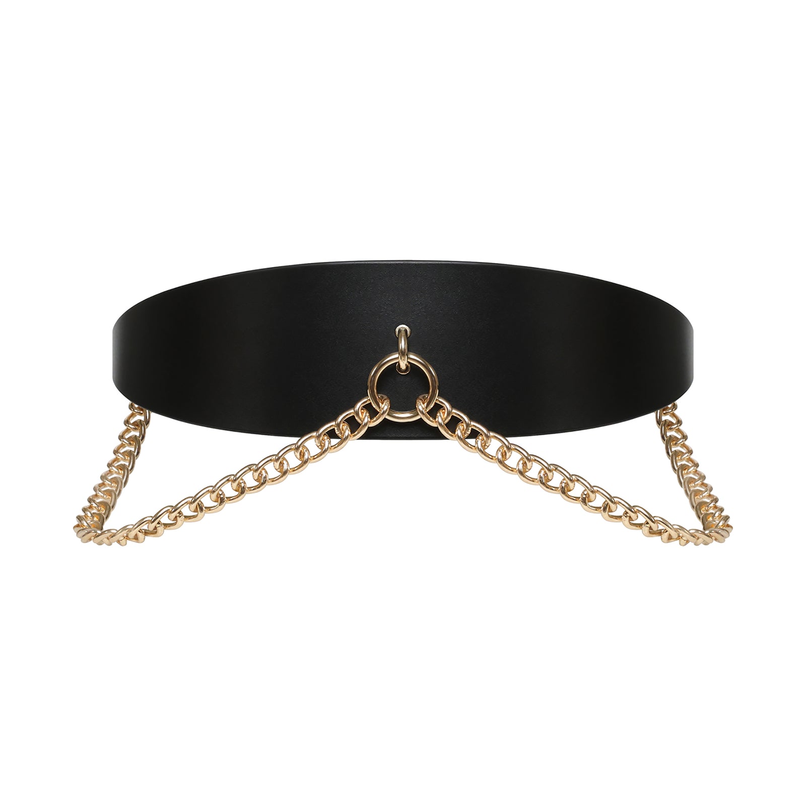 Black leather belt with gold chain on a white background