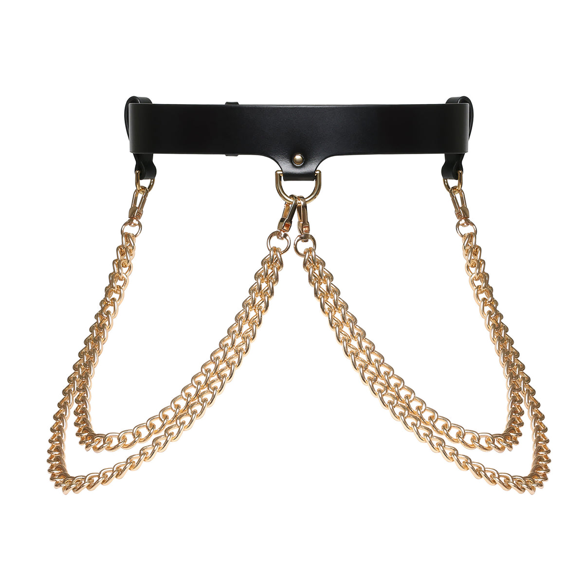 Black belt with gold chain details on a white background