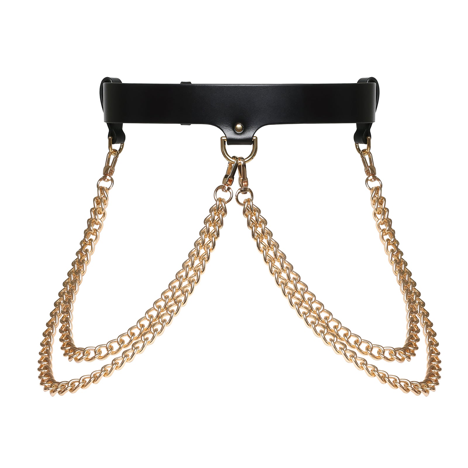 Black belt with gold chain details on a white background