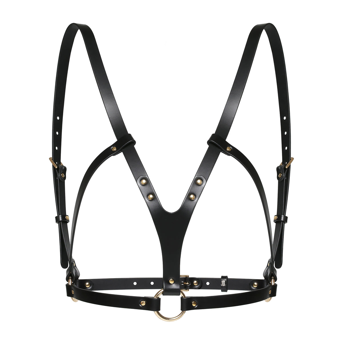 Black leather harness with gold hardware on a white background