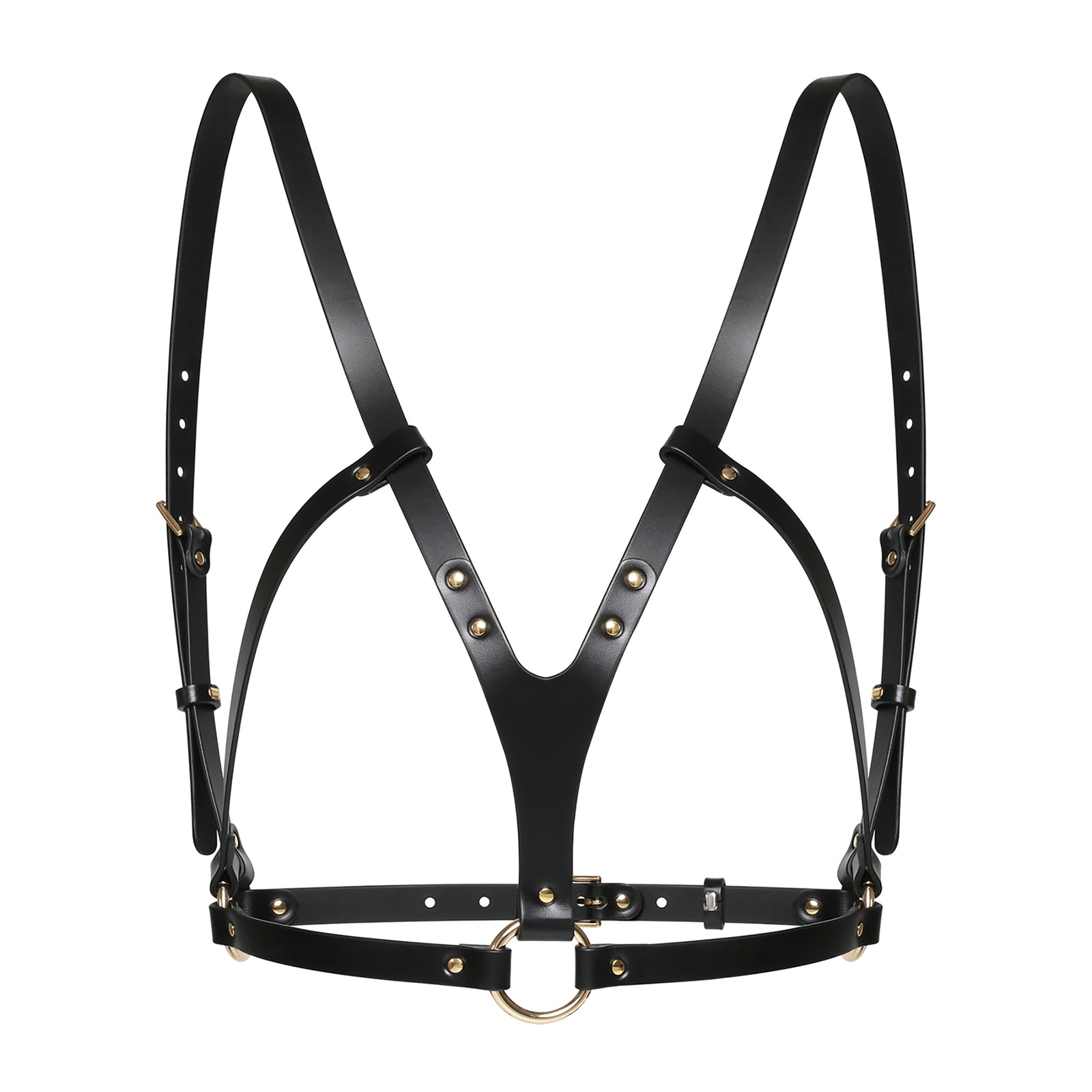 Black leather harness with gold hardware on a white background