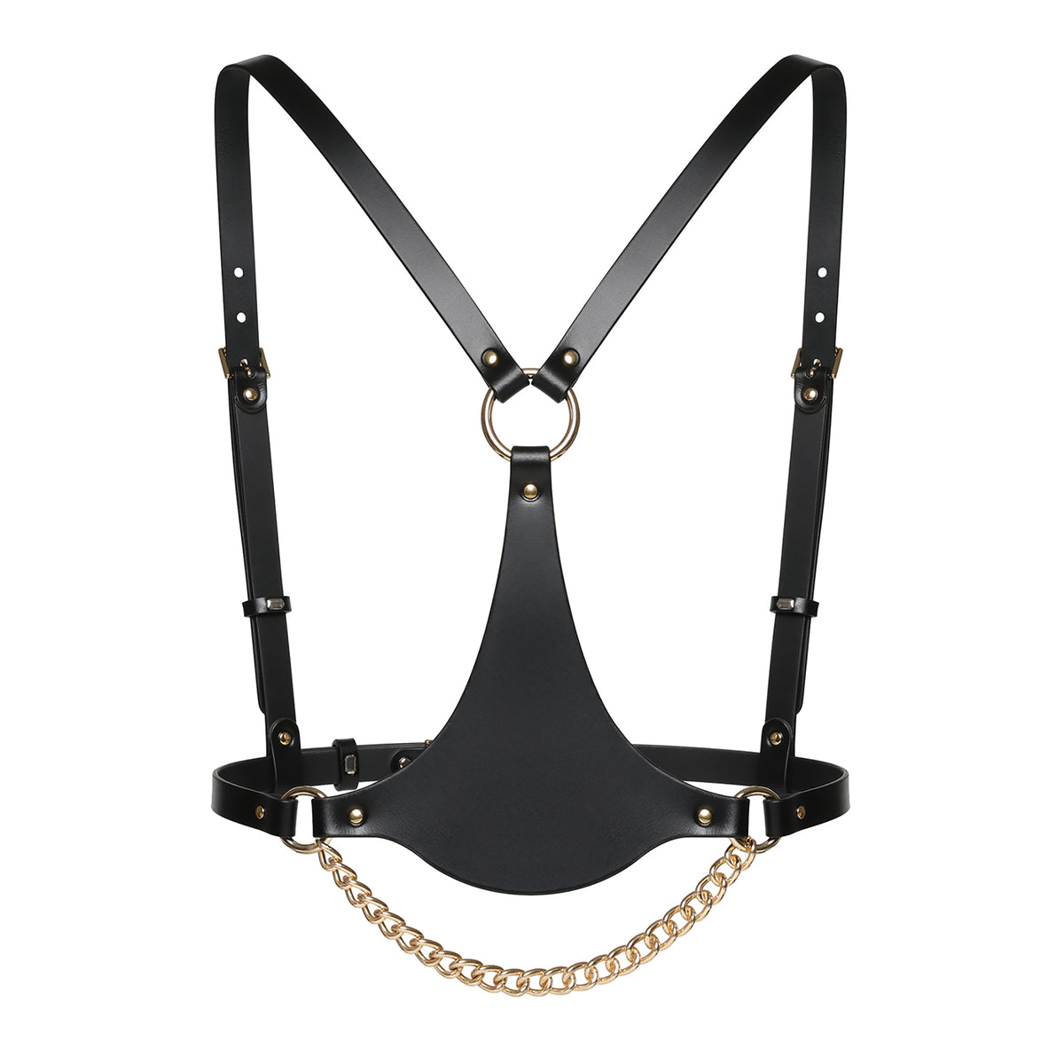Black leather harness with gold chain on a white background