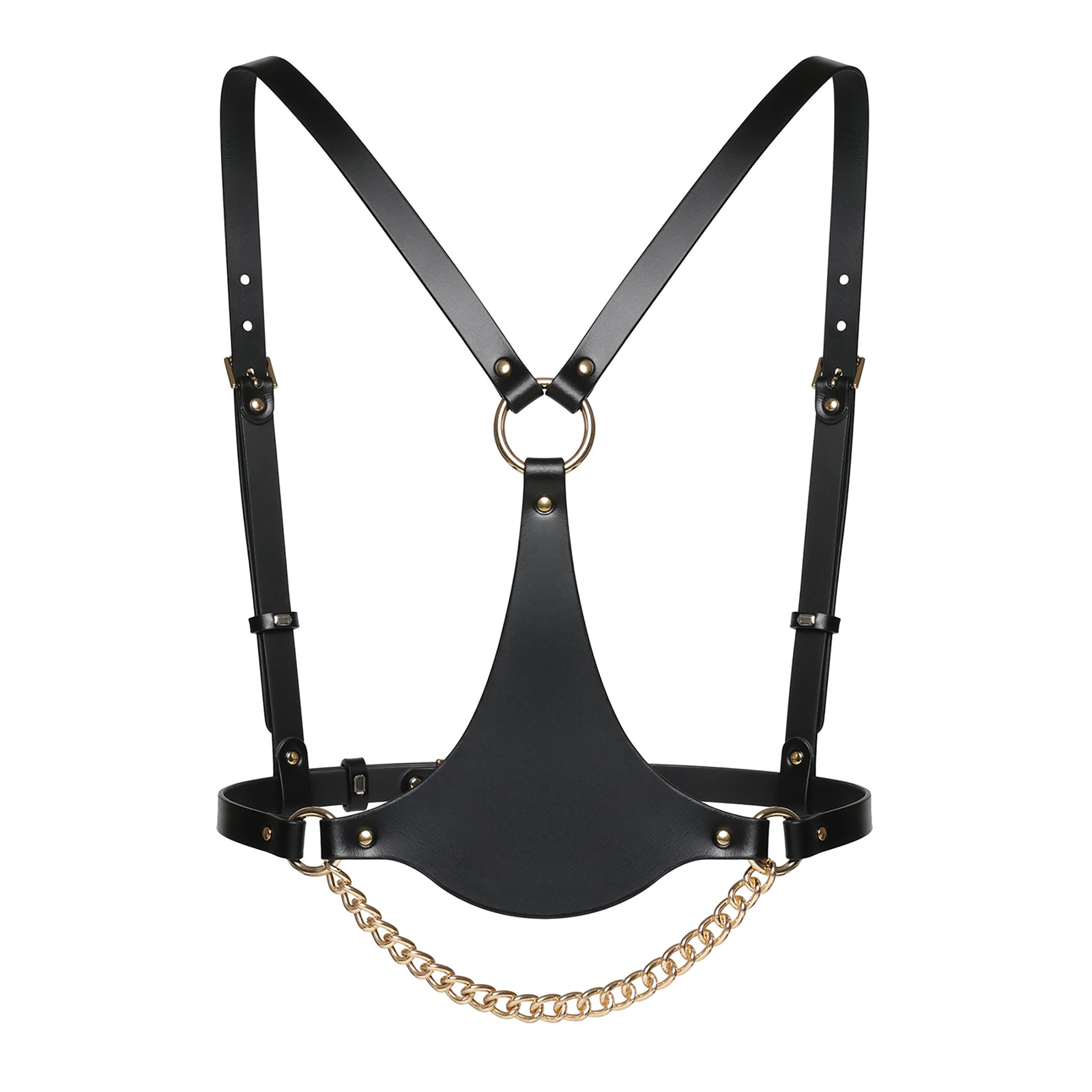 Black leather harness with gold chain on a white background