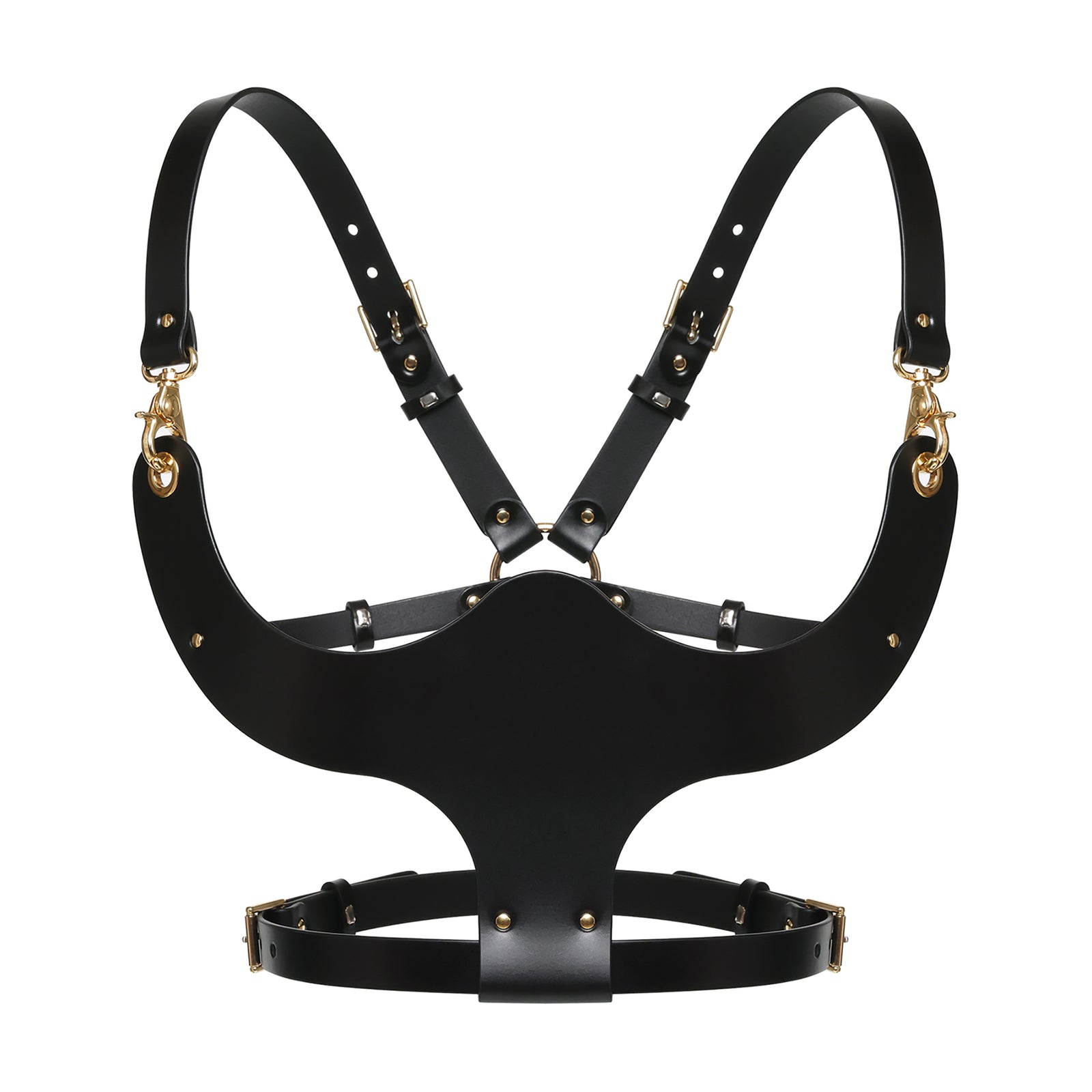 Black leather harness with gold hardware on a white background