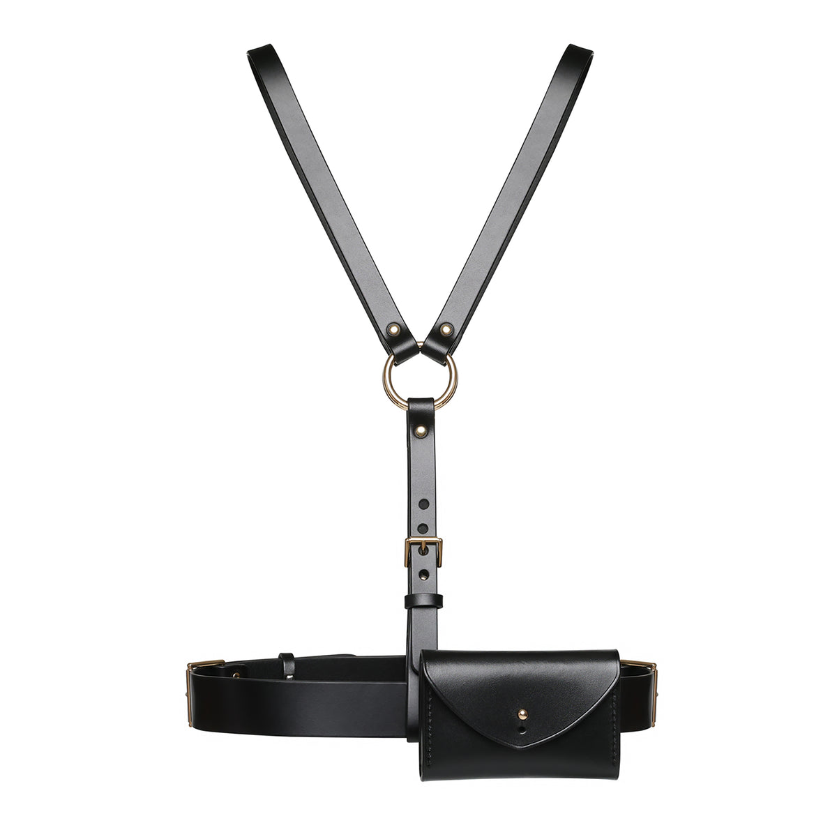 Black leather harness with a belt and pouch on a white background