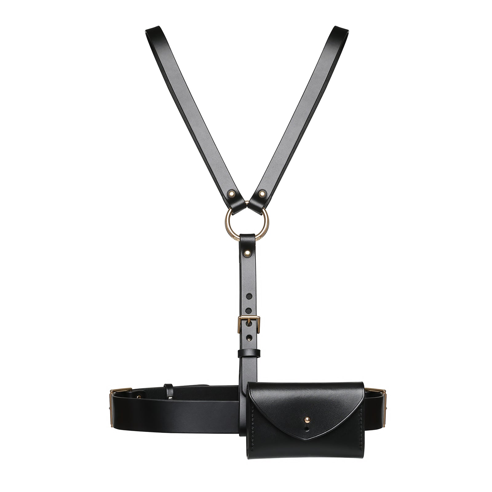 Black leather harness with a belt and pouch on a white background