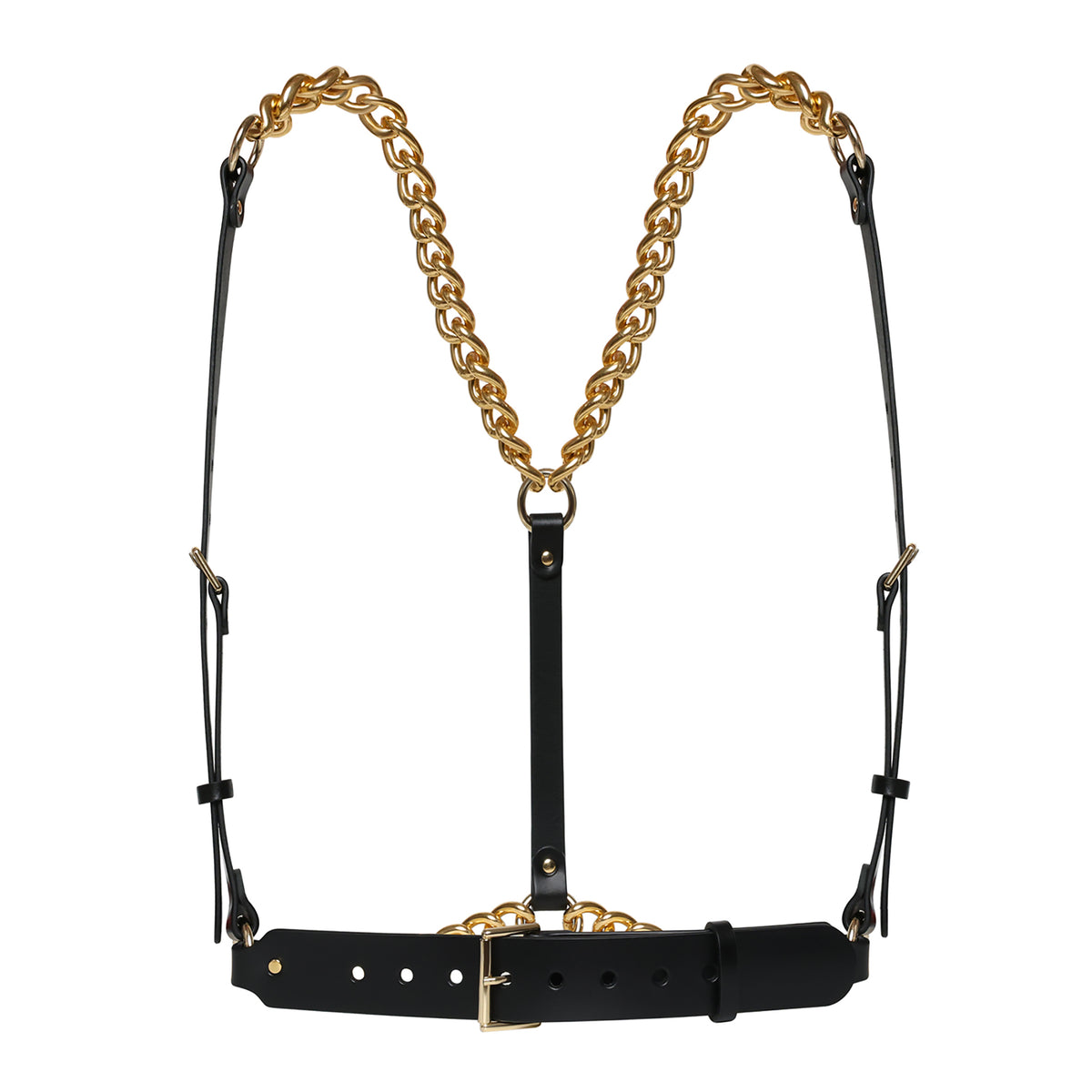 Black leather harness with gold chain on a white background