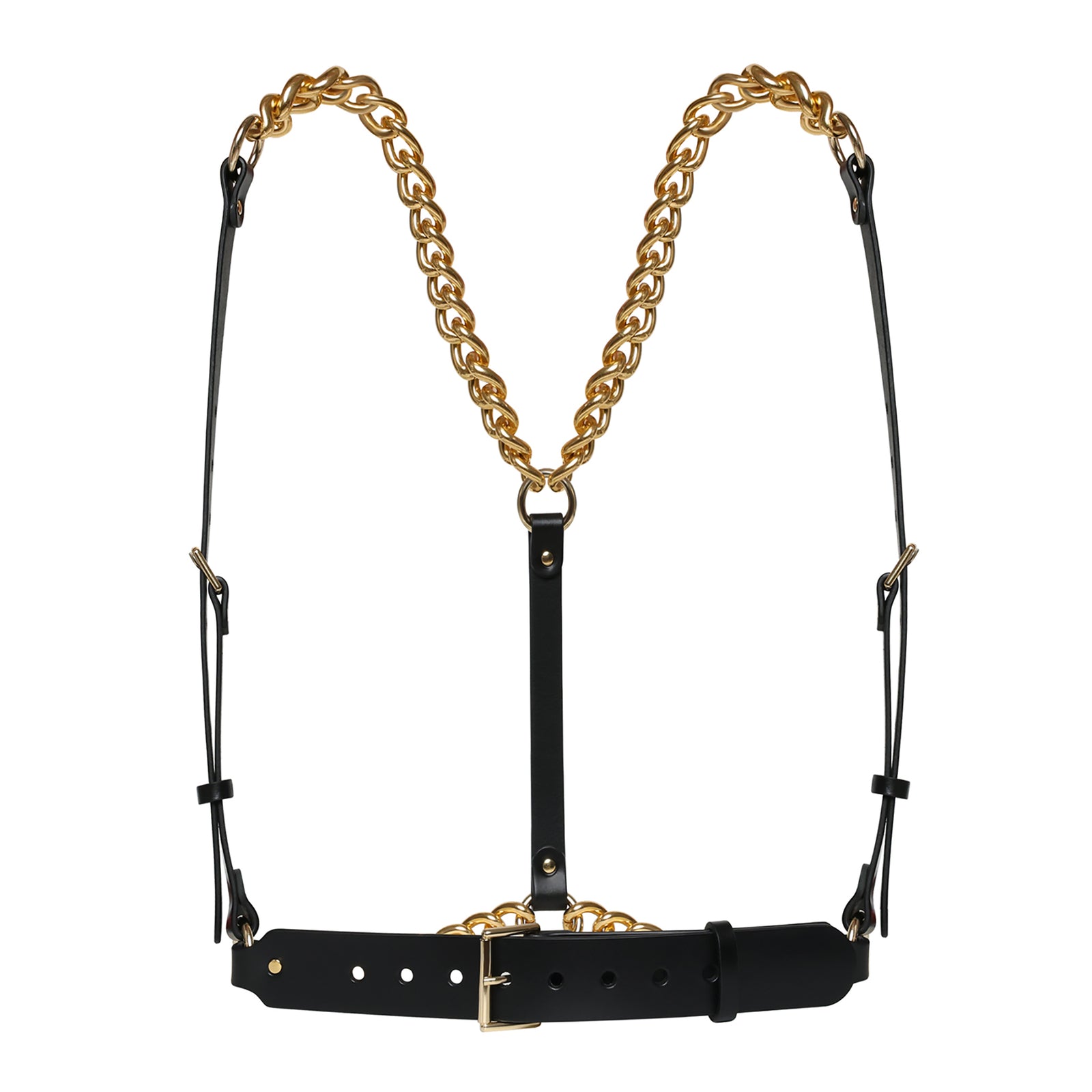 Black leather harness with gold chain on a white background