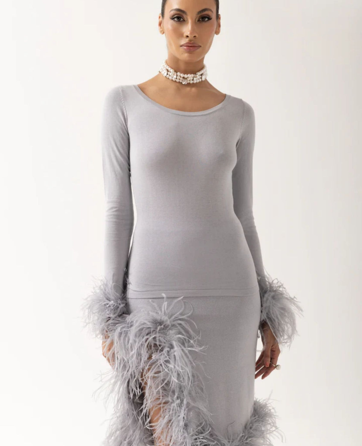 ANDREEVA - Grey Knit Skirt With Feathers, buy at DOORS NYC