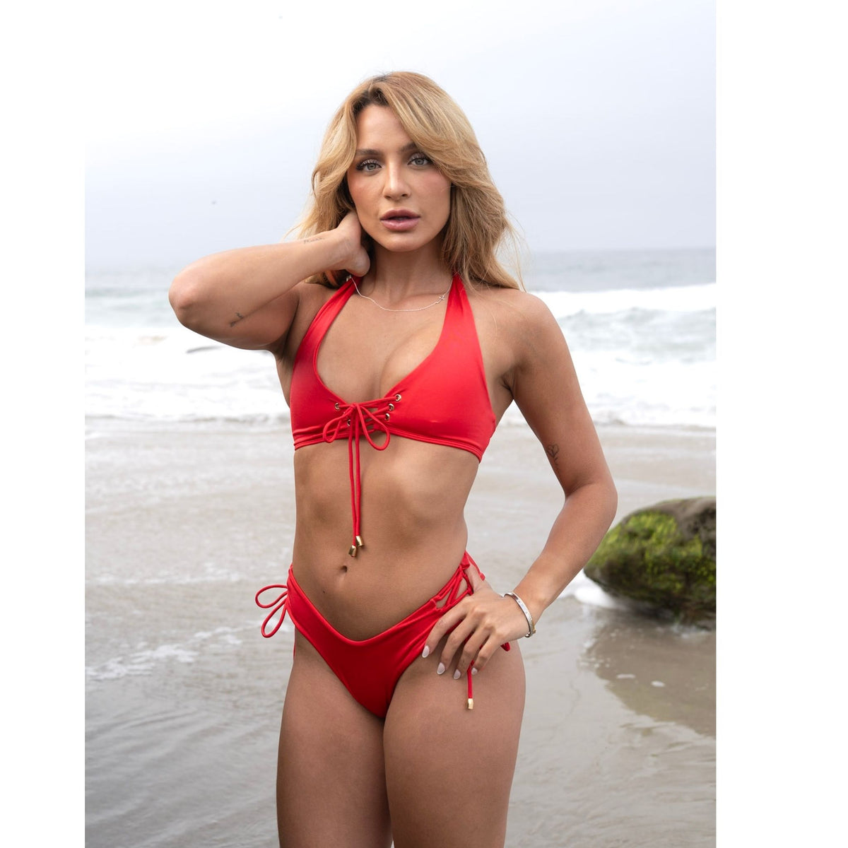 Cherry Red Lace-Up Bikini Set with Adjustable Ties