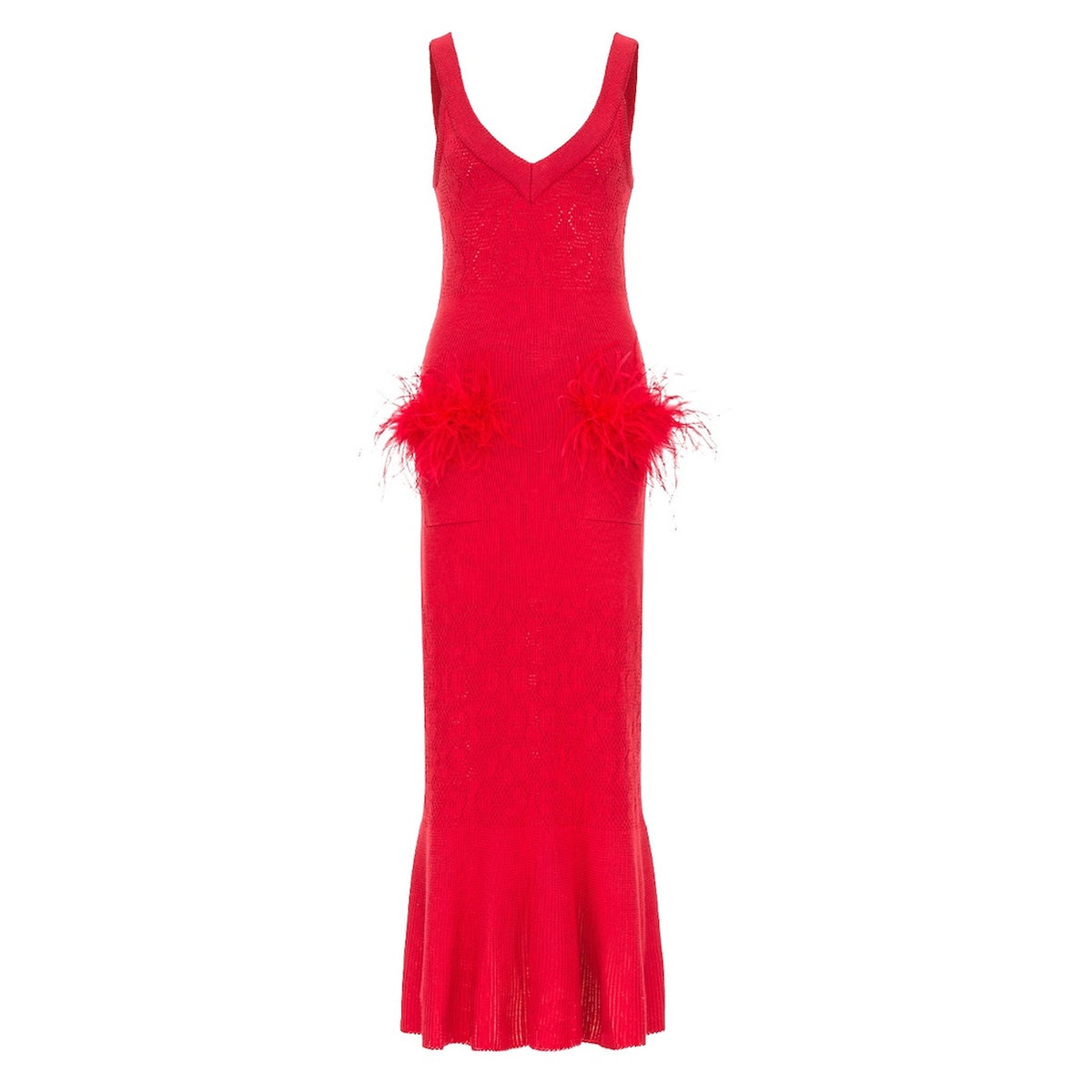 The ANDREEVA Cherry Knit Dress With Feather Details is a sleeveless, fitted dress with a V-neckline, feather accents at the hips, and a flared hem, shown against a white background.