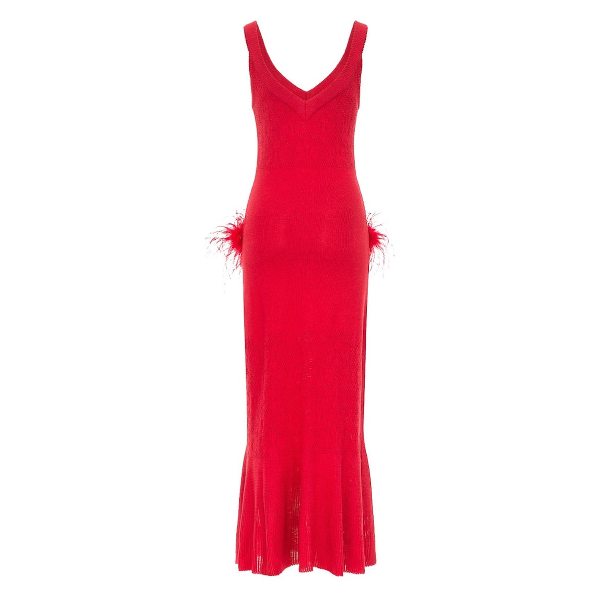 The ANDREEVA Cherry Knit Dress With Feather Details is a sleeveless, floor-length design featuring a V-neckline, fitted waist, flared hem, and decorative feather accents at the hips.