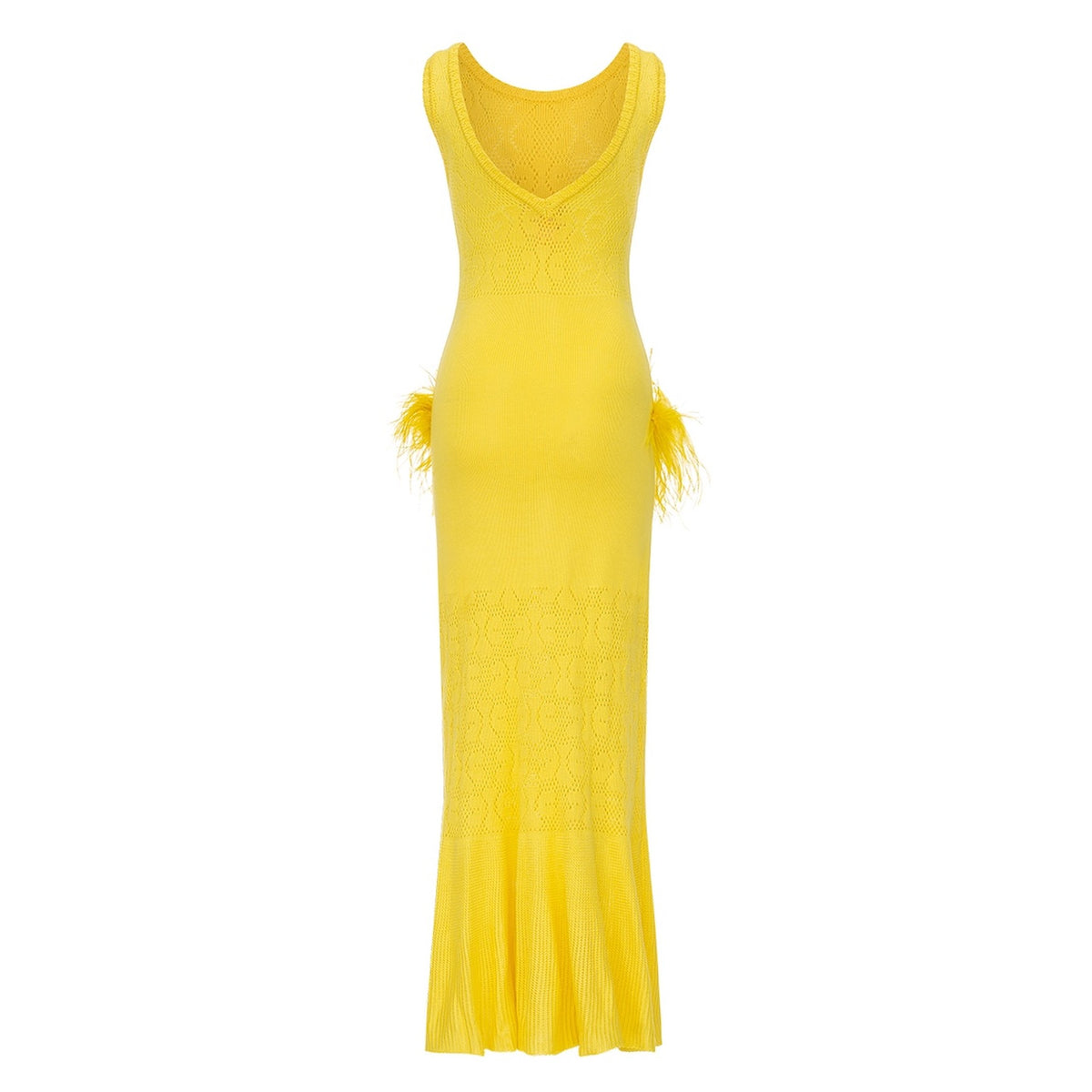 The Lemon Knit Dress by ANDREEVA features a sleeveless yellow design with a deep V neckline, fitted waist, flared hem, and bamboo-inspired feather accents at the hips.