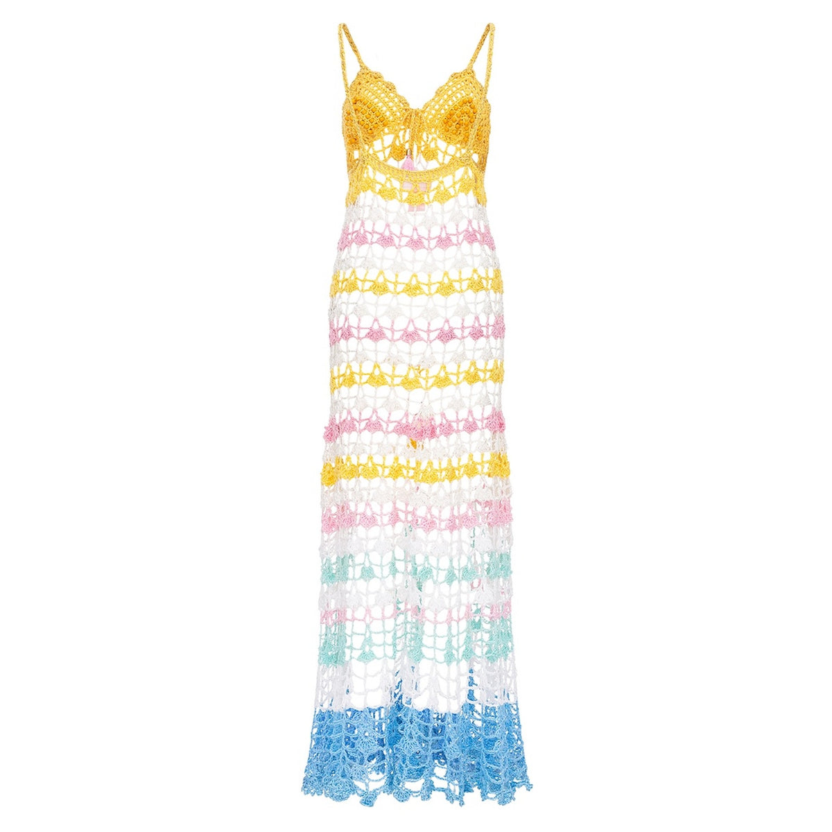 The ANDREEVA Flower Marine Handmade Maxi Crochet Dress is a sleeveless, open-knit crochet dress with spaghetti straps and horizontal stripes in yellow, white, pink, green, and blue, crafted from mercerized Brazilian cotton.